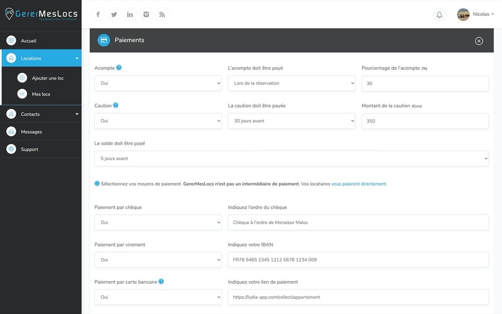 personnaliser les conditions de réglement de ma location saisonnière